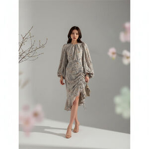OPT OnePrettyTime French tea floral printed elegant lantern sleeve midi dress S